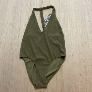 Motel Game Changer Bodysuit Jumbo Textured Rib Olive Green XL Stretch New
